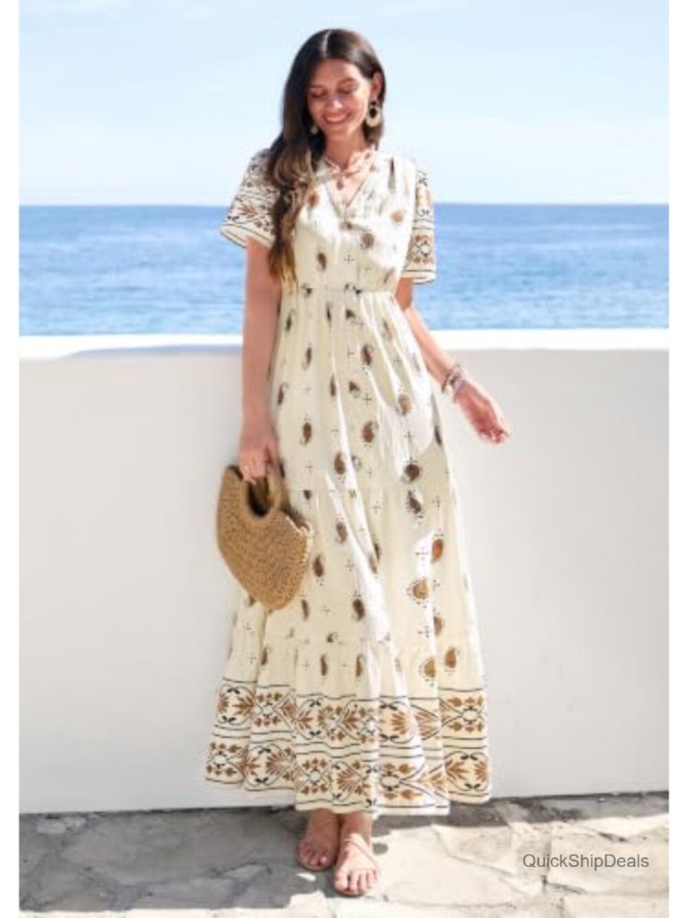 PRETTYGARDEN Womens Short Sleeve V-Neck Boho Floral Maxi Dress High Waist - Picture 4 of 6